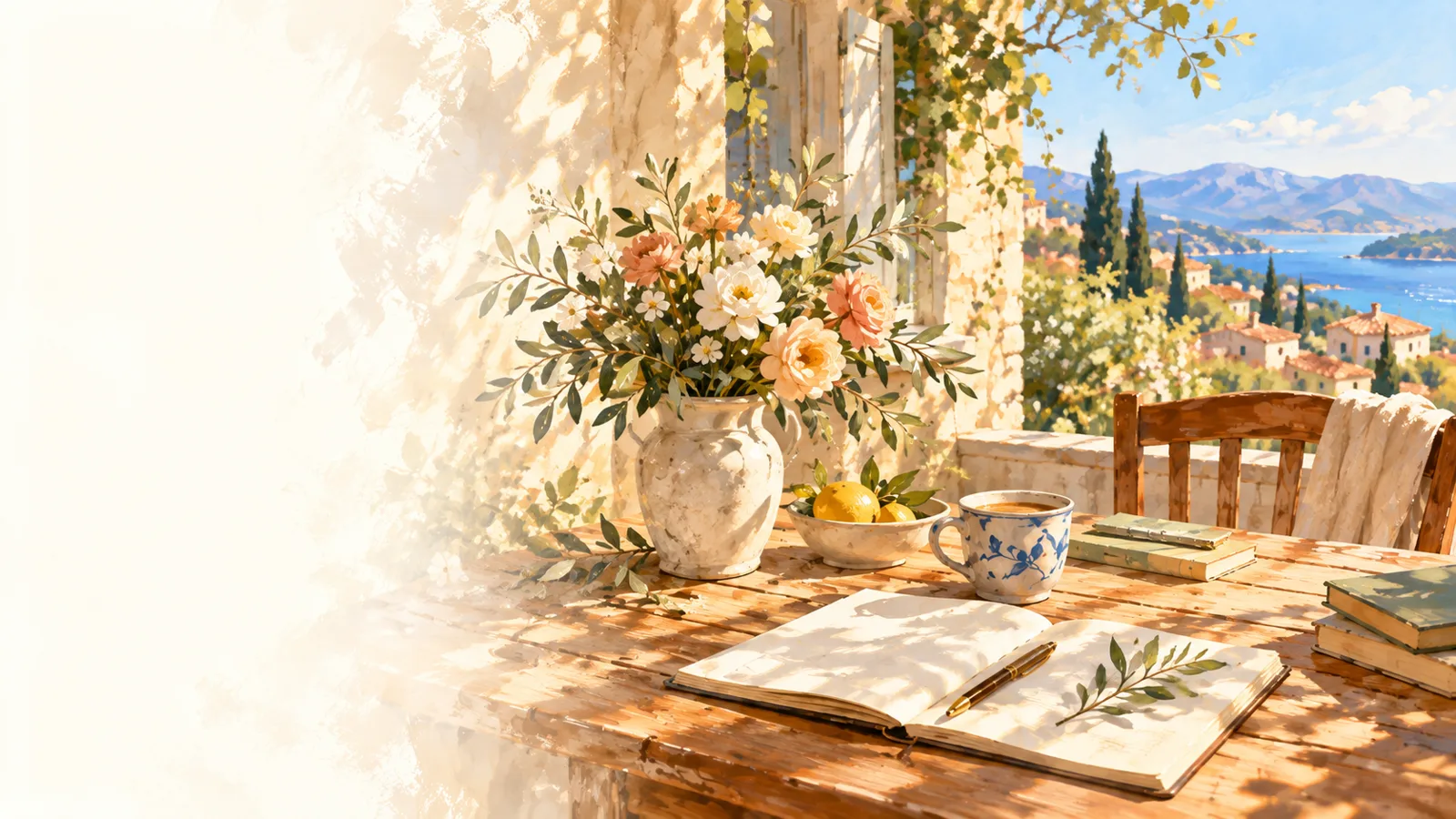 Painted Provençal desk by an open window, flowers and notebooks in warm light